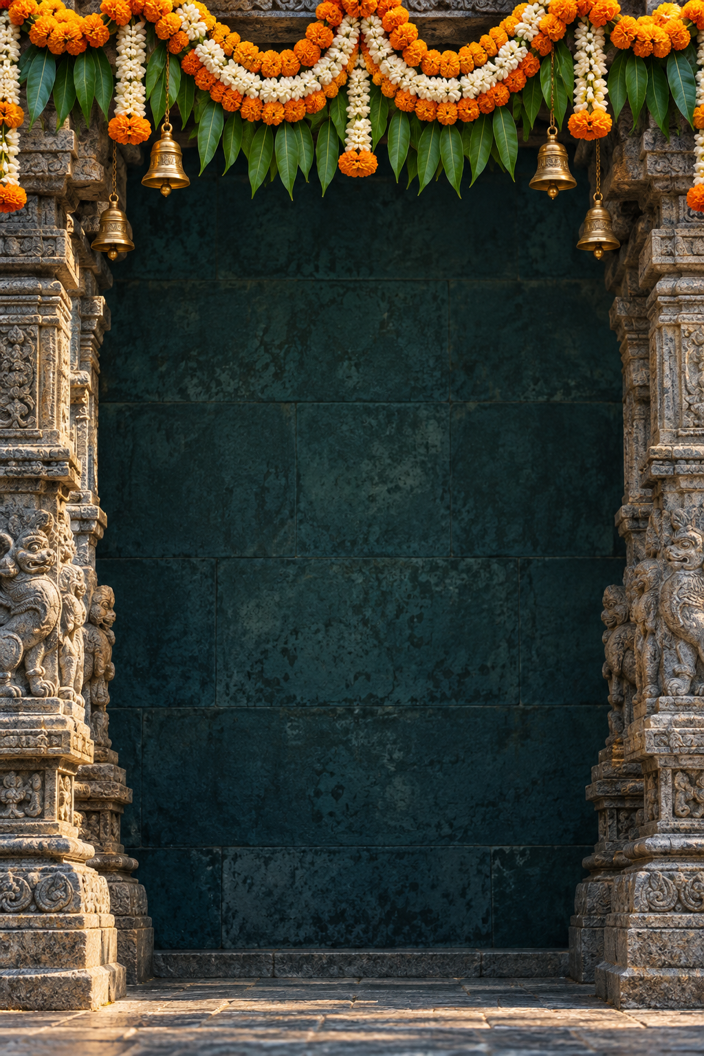 Flower garlands and carved stone pillars decorating a South Indian temple-style entrance