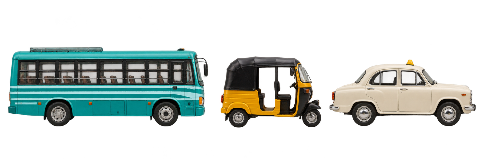 A town bus, auto rickshaw and taxi